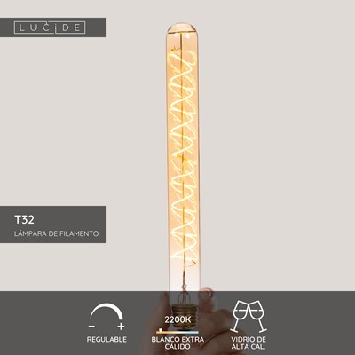 Lucide T32 - Lámpara de filamento - Ø 3,2 cm - LED 3 StepDim (Memoria) - E27 - 1x4,9W 2200K - Ámbar
